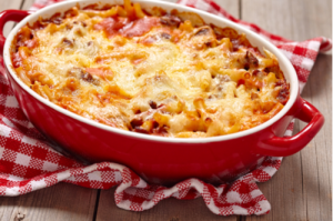 Запеченные макароны с баклажанами и мясом