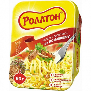 Лапша яичная  "Роллтон" по-домашнему с говядиной, лоток 90гр