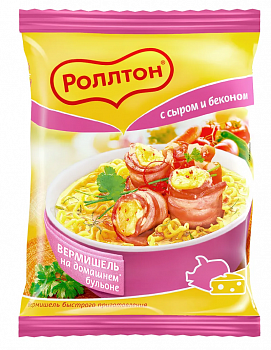 Вермишель "Роллтон" на домашнем бульоне с сыром и беконом, пачка 60г